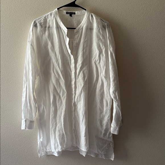 EILEEN FISHER mandarin collar white organic linen long sleeve blouse size medium - Picture 6 of 7